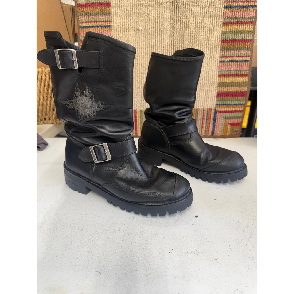 Harley-Davidson Black Leather Engineer Boots Vibram Sole Flame Logo‎ Womens 7.5